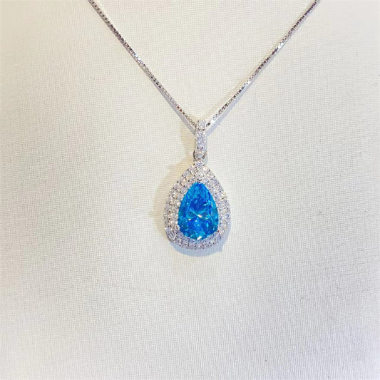 Ocean Blue Sapphire Water Drop Moissanite Pendant Clavicle Chain